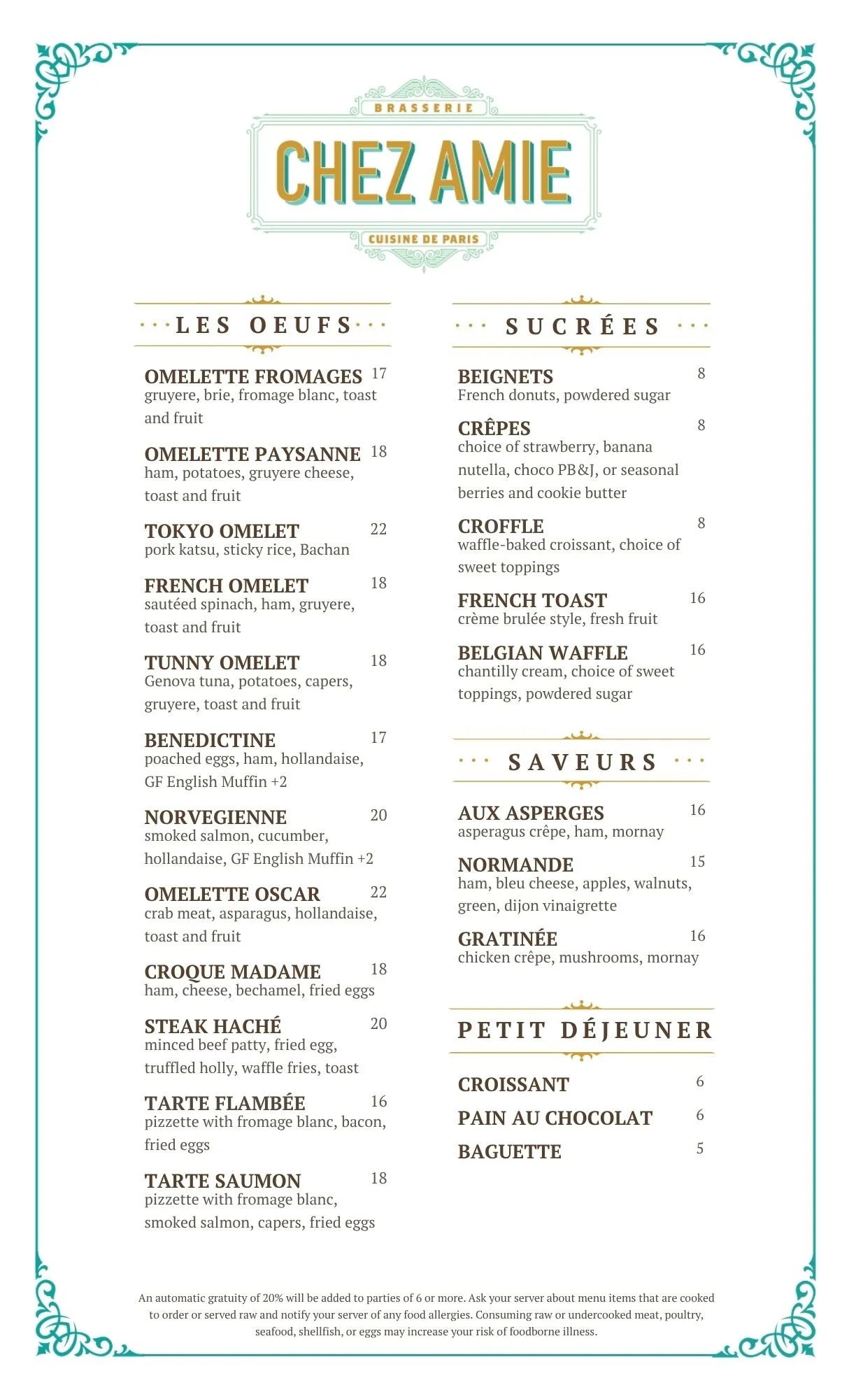 French restaurant menu with sections for eggs, sweets, and breakfast options, featuring items like omelette, crepes, and croissant.