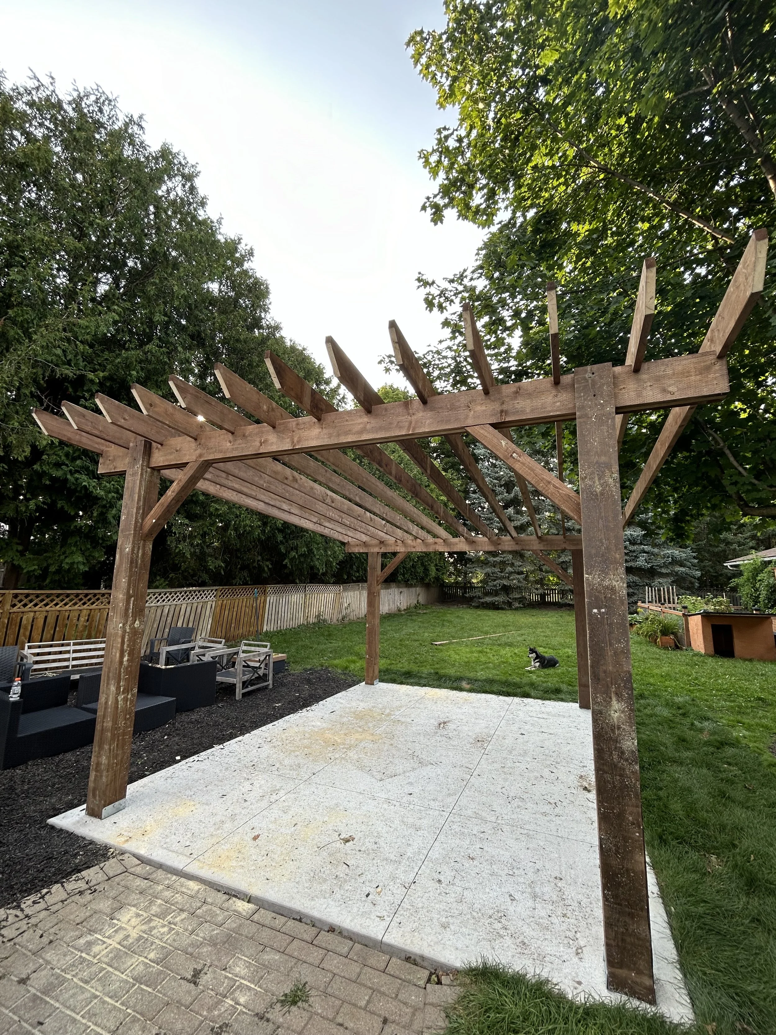A backyard with a pergola structure, paving stones, a trimmed lawn, outdoor furniture, a wooden fence, and a dog lying on the grass. There are tall trees in the background and some of the pergola's wooden beams are unfinished or have gaps.