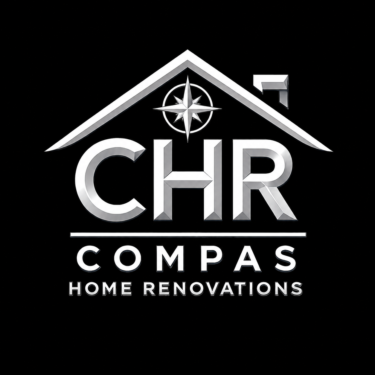 Logo for CHR Compass Home Renovations featuring a house roof, a compass, and the company name in metallic font.