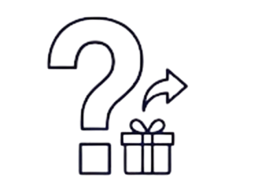 A large question mark with an arrow pointing to a gift box with a bow on top.