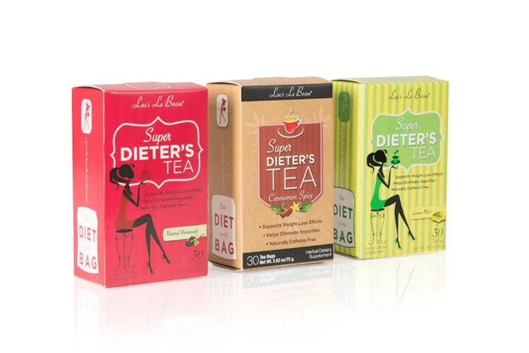 Three boxes of Dieter's Tea herbal tea, including flavors of Natural Blendment, Cinnamon Spice, and Super Tea, displayed side by side.