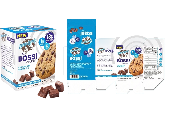 Packaging for Boss! Low-Low Cookies, chocolate chunk flavor, with a box on the left showing the cookies and ingredients, and a peel-back wrapper with nutritional info and branding on the right.