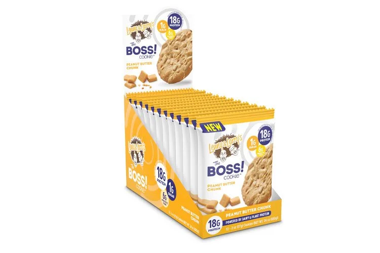 Display box of Lance's The Boss! Cookie Peanut Butter Chunk protein snacks, showing the individual snack packages arranged in rows with a front view of the packaging.