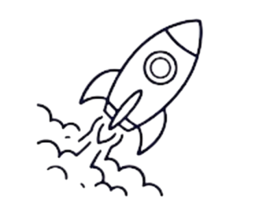 A line drawing of a rocket taking off with smoke beneath it.