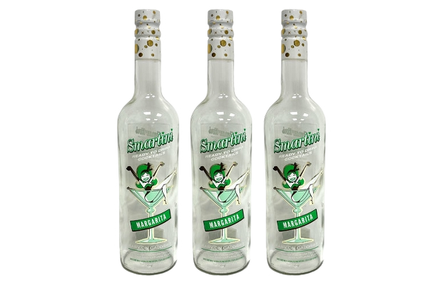 Three clear glass bottles labeled 'Smartira Margarita' with a cartoon woman in a margarita glass on each bottle.