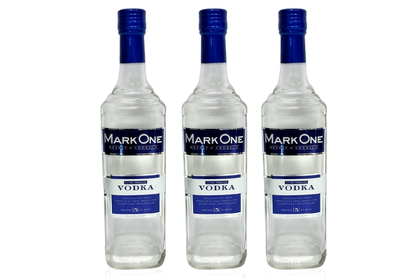 Three bottles of Mark One vodka lined up side by side on a transparent background.