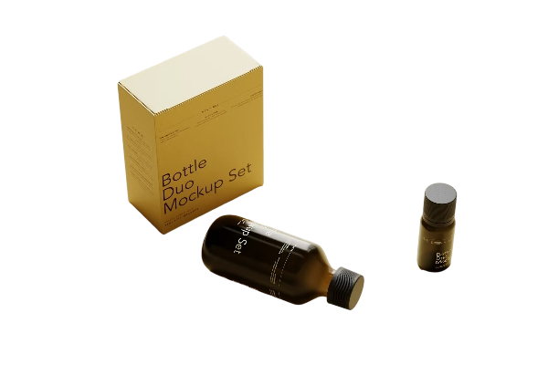 A mockup set of dark-colored bottles with labels, along with a beige and white box labeled "Bottle Duo Mockup Set," on a beige and black background.