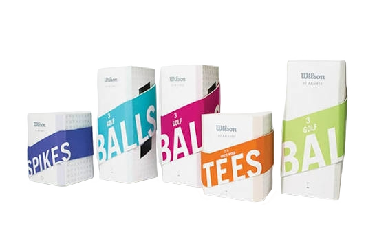 Set of Wilson golf balls and tee boxes in blue, turquoise, pink, orange, and green packaging.