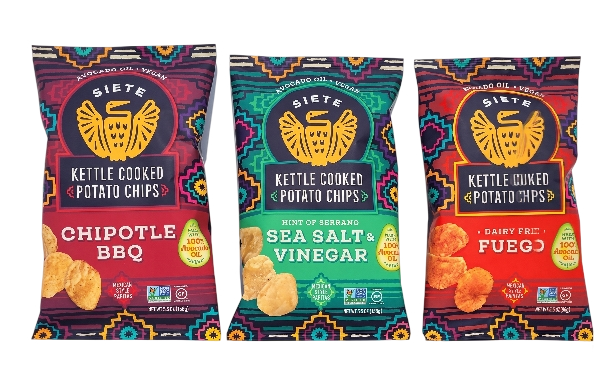 Three bags of Siete kettle-cooked potato chips, featuring various flavors: Chipotle BBQ, Sea Salt & Vinegar, and Fuego, with colorful, patterned packaging.