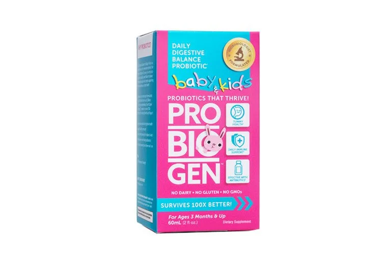 Front of a pink and blue box of probiotic supplement for babies and kids, labeled 'Probiotic Baby & Kids,' with details about health benefits, age suitability, and size.
