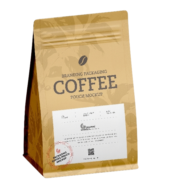 A brown resealable coffee pouch with branding labels, a coffee bean icon, and a white label with QR code and text, used as a mockup for coffee packaging.