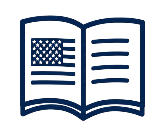 Illustration of an open book with the American flag on the left page.