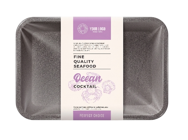 Empty black foam seafood tray with a purple and white label reading "Your Logo Ocean Cocktail" and "Perfect Choice."
