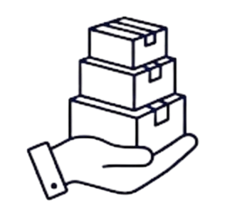 A hand holding three stacked cardboard boxes.