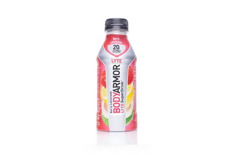 A Bottle of BODYARMOR Lyte Super Drink with berry lemonade flavor on a white background.