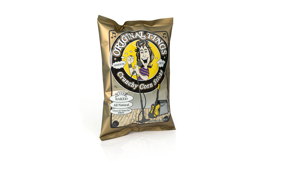 Bag of Original Tings crunchy corn sticks, featuring a cartoon character playing a guitar, with labels indicating it's baked, all natural, gluten and trans fat free.