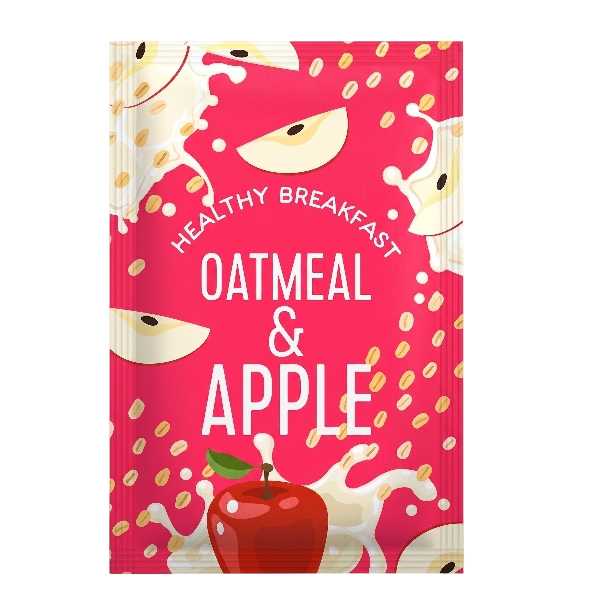 Packaging of a healthy breakfast oatmeal and apple flavored snack bar, featuring a red apple with a green leaf, and splashes of milk with scattered oats on a pink background.