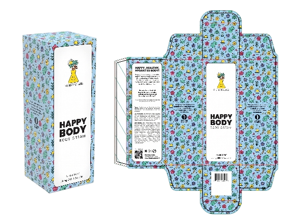 Packaging box for Happy Body Body Cream with a floral pattern, showing both the assembled box and its unfolded template.