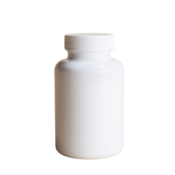 White plastic supplement bottle with a screw-on cap