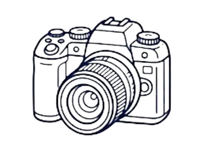 Drawing of a vintage camera with a large lens.