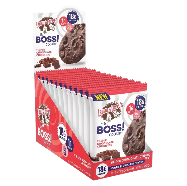 Multiple packs of Lauryn Larm's The Boss! Cookie with triple chocolate chunk flavor, featuring images of cookies and chocolate pieces on the packaging.