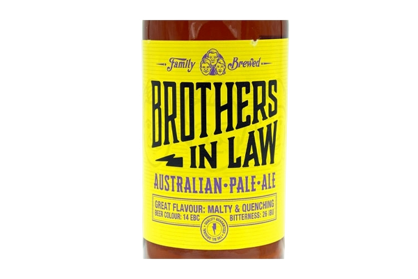 A can of Brothers in Law Australian Pale Ale beer with a bright yellow label.