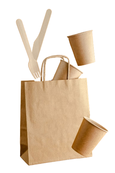Paper grocery bag with two paper cups and wooden utensils inside and outside.
