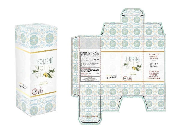 Packaging box and fold-out template for Terrene Olive Tincture with design patterns and product labeling.