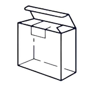 A drawing of a storage cabinet or box with an open front, showing shelves inside.