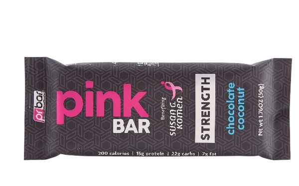 Pink Bar protein snack packaging with purple and black design, featuring the text 'Pink Bar,' 'Strength,' 'Chocolate Coconut,' and nutritional information.