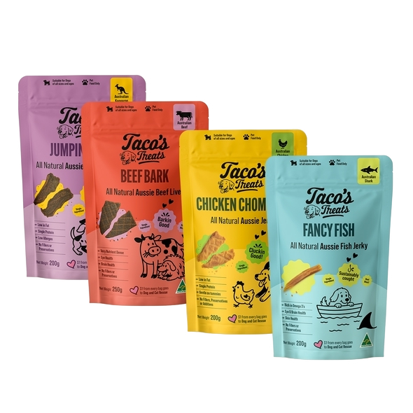 Four colorful packages of Taco's Treats dog jerky treats in purple, red, yellow, and blue, each depicting a different flavor for dogs.