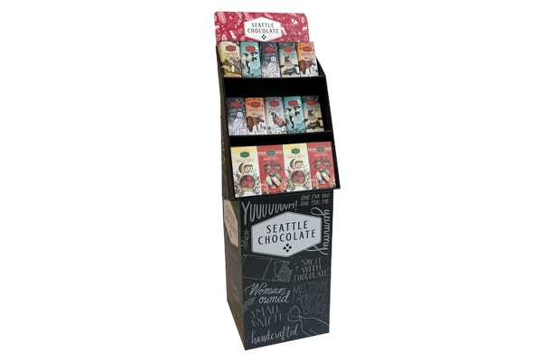 Display stand with Seattle Chocolate bars in various flavors and packaging.