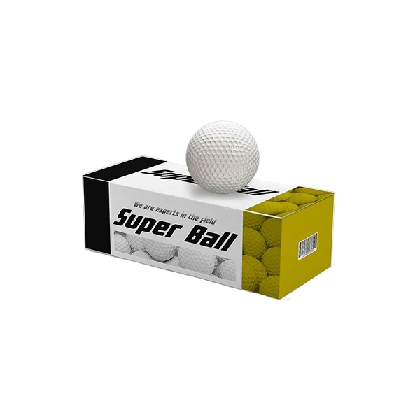 A box of yellow and white golf balls with a white golf ball on top.