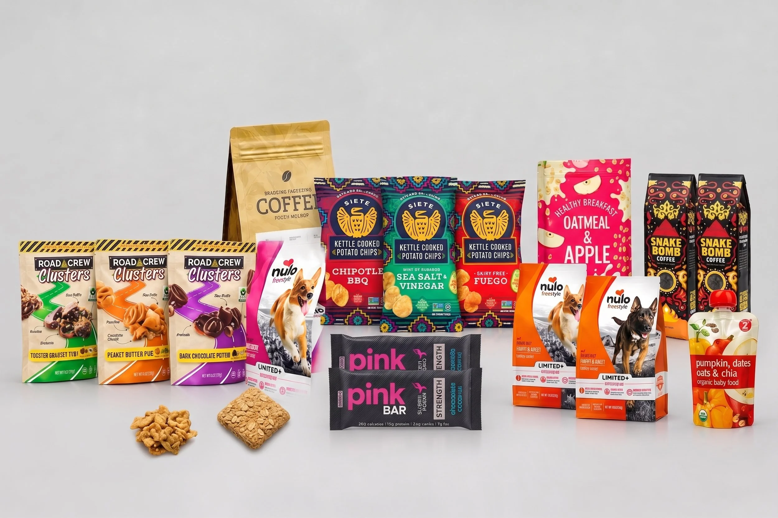 Collection of various snack and pet food packages, including dog treats and coffee, arranged on a white background.