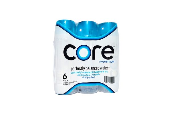 Six-pack of Core Hydration bottled water in white and blue packaging.