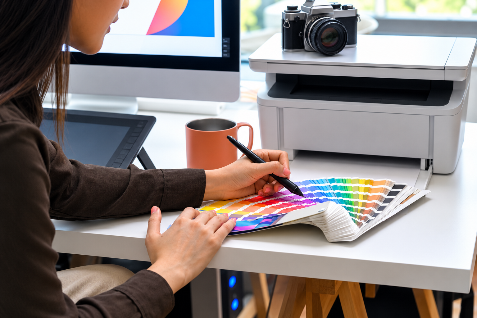 A person examining a color swatch book at a desk with a computer monitor, tablet, a camera, and a printer, with a coffee mug nearby.