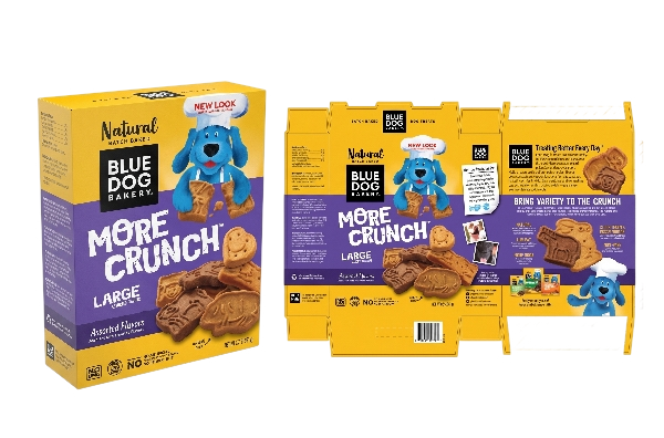 Blue Dog Bakery More Crunch large assorted cookies box and packaging display.