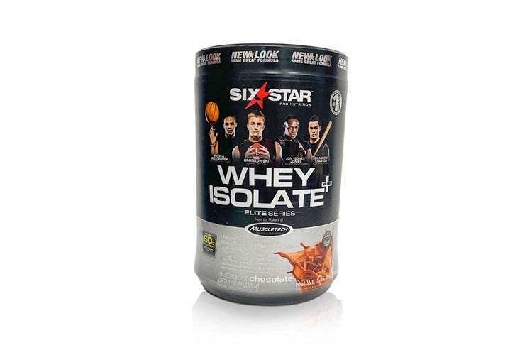 Container of Six Star Pro Nutrition Whey Isolate protein powder in cookies and cream flavor.