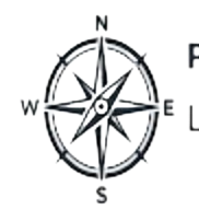 A black and white compass rose with North, South, East, and West directions marked.