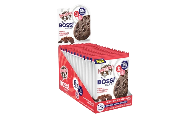Display box of Lemon Poppy Seed The Boss! cookie packs, featuring a triple chocolate chunk flavor and nutrition details.