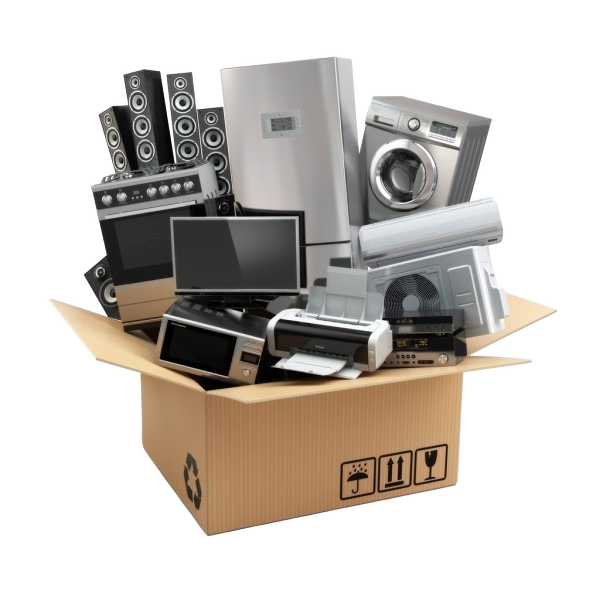 Box filled with various household electronics including a refrigerator, washing machine, microwave oven, TV, speaker system, printer, and other appliances.
