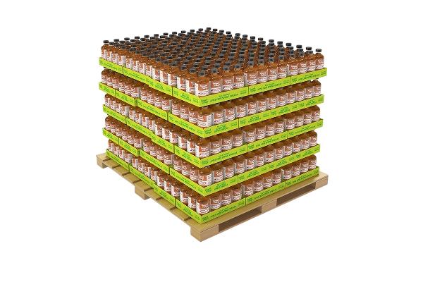 A pallet stacked with multiple shelves of jars with labeling, likely a food product, on a wooden pallet.
