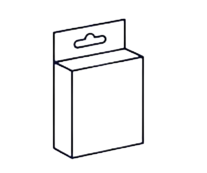 Outline drawing of a retail packaging box with a hanging tab.