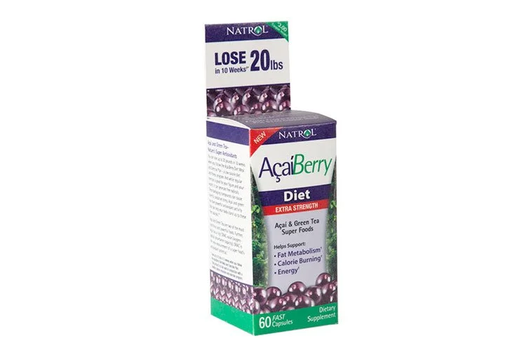 A box of Natrol Açai Berry diet supplement with 60 fast capsules, labeled as extra strength and promoting weight loss, metabolism, calorie burning, and energy.