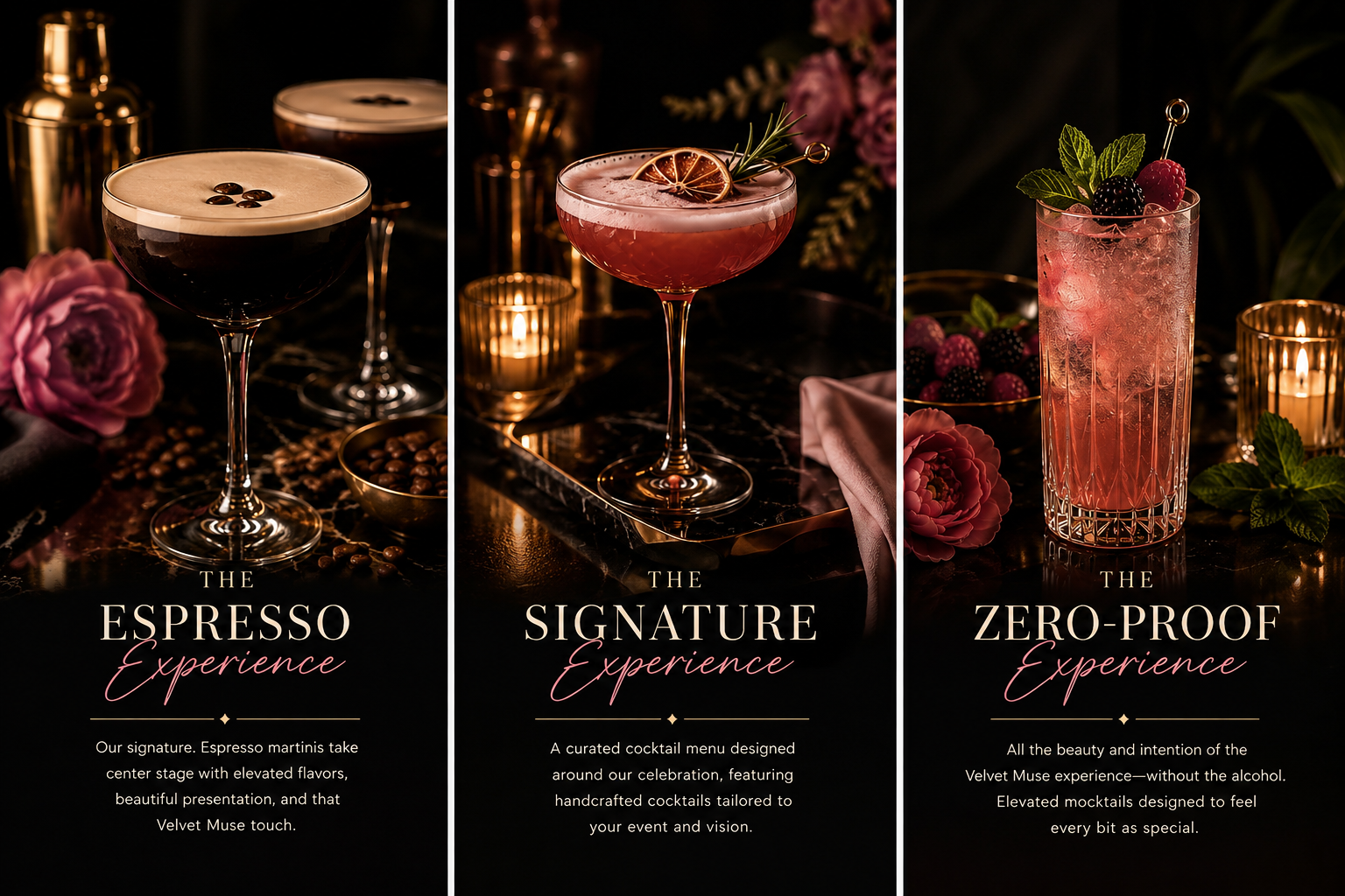 Three cocktails on a dark, elegant table with candles and flowers. The first is an espresso martini, the second is a signature cocktail with dried orange and rosemary garnish, the third is a zero-proof mocktail with berries and mint.
