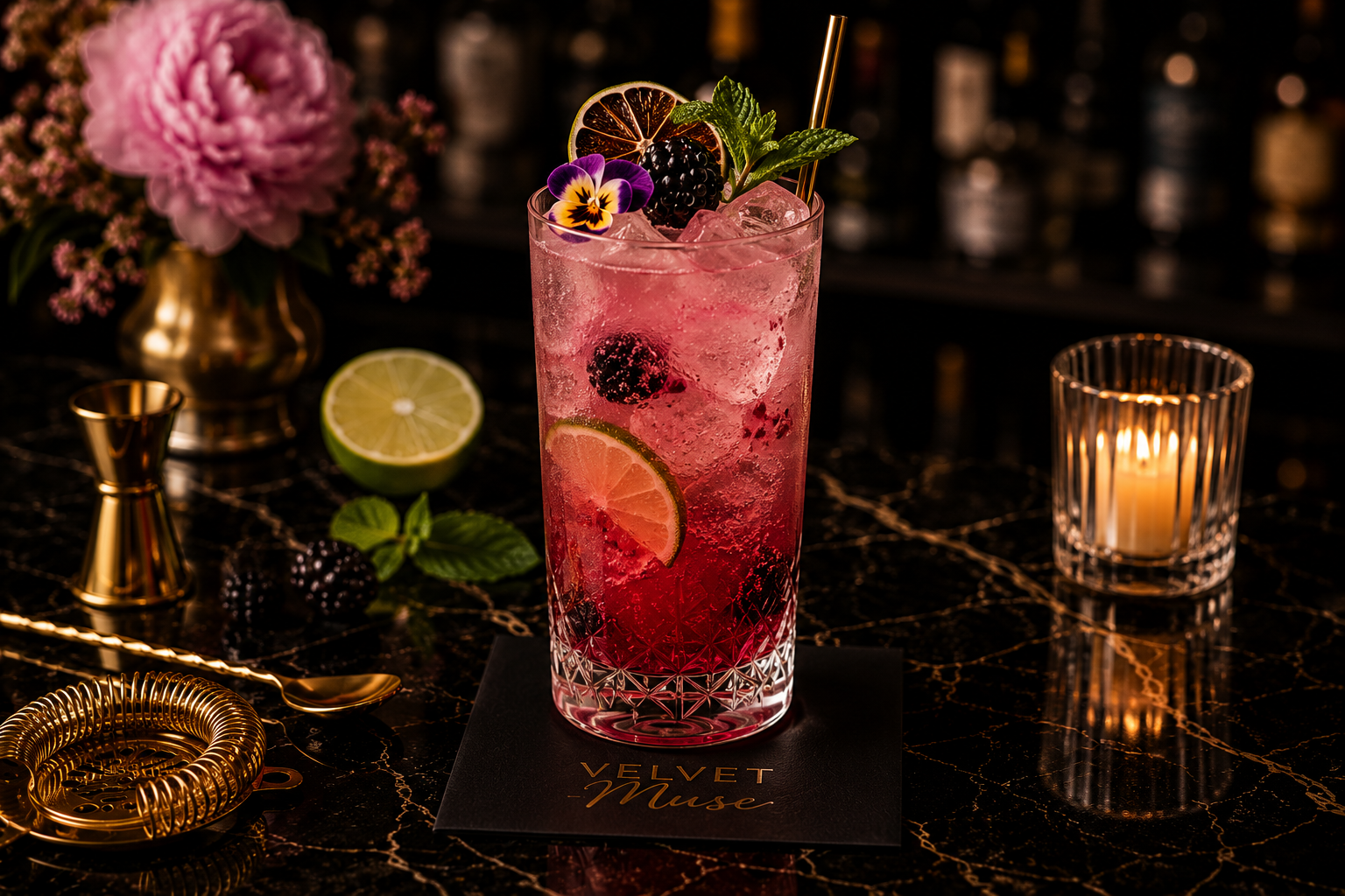 A pink cocktail with ice, garnished with blackberries, a lemon slice, a fig, and edible flowers, on a black marble bar counter with a lit candle, lime half, flowers, and gold bar tools nearby.