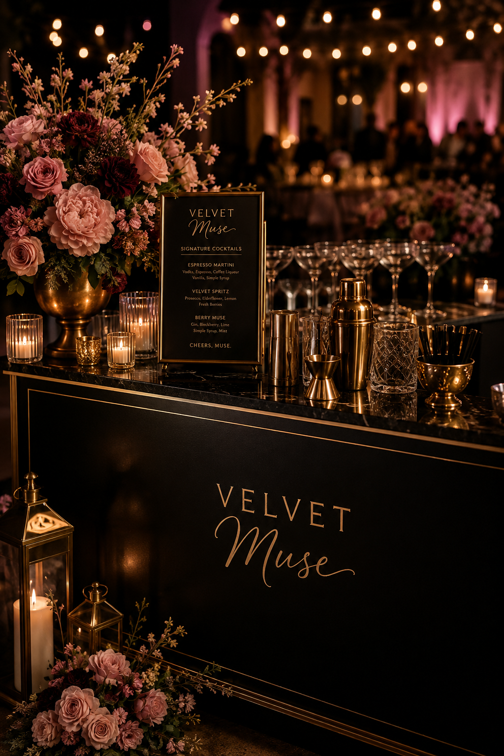 A bar setup at an event featuring a floral arrangement with pink and dark red roses, candles, and gold bar tools. A black sign with gold lettering lists signature cocktails, and the black bar with gold accents displays the text 'Velvet Muse'. In the background, there is a warmly lit, elegant space with hanging string lights and people socializing.