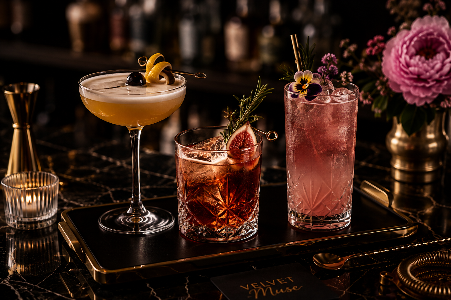 Three cocktails on a black tray on a bar counter, with flowers and bar tools in the background. The left cocktail is in a coupe glass with lemon zest, a cherry, and a decorative stirrer. The middle cocktail is in a short glass with figs, a slice of passion fruit, and sprigs of herbs. The right cocktail is in a tall glass with ice, flowers, and a metal straw.
