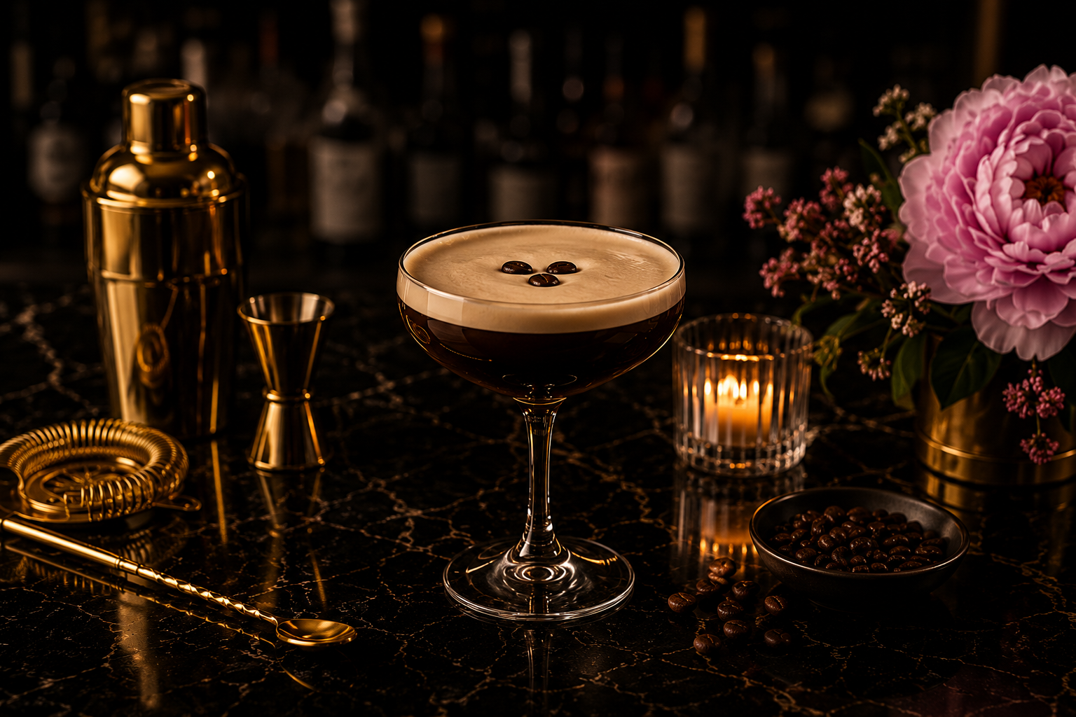 A dark, elegant table with a coffee cocktail topped with coffee beans, surrounded by gold bar tools, a candle, a pink flower arrangement, and a bowl of coffee beans.