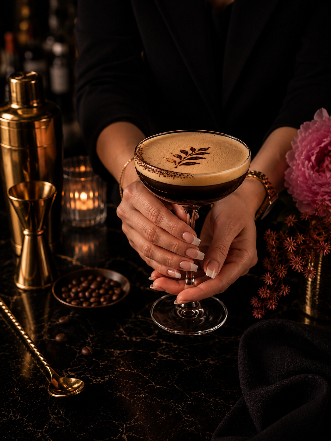 Person holding a cocktail glass with a coffee-colored drink, garnished with a cocoa powder leaf design, on a black marble bar with gold decor and pink flowers nearby.